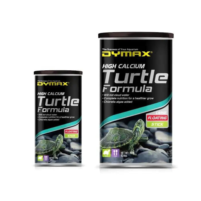 Two cans of Dymax High Calcium Turtle Formula on a white background